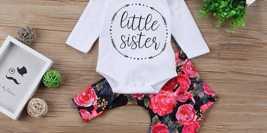 Baby girls little sister romper with floral headband and matching floral pants