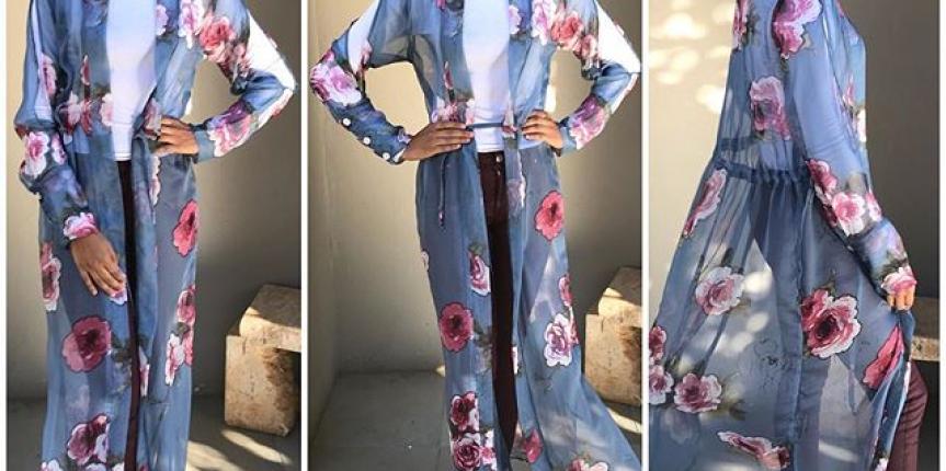 Denim blue chiffon with floral prints