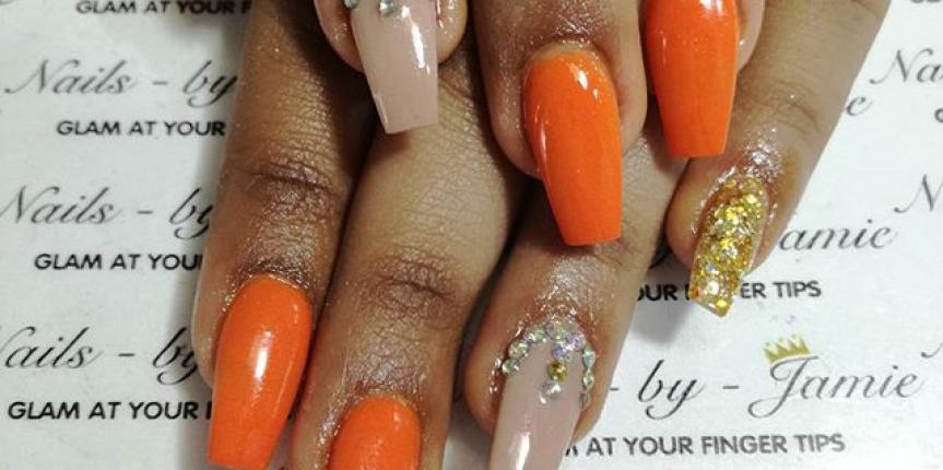 coffin orange and gold acrylic nails