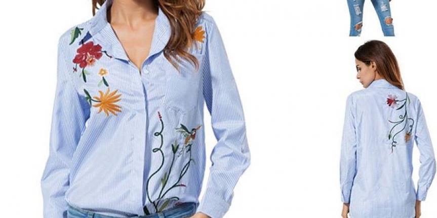 Blue shirt with floral embroidery